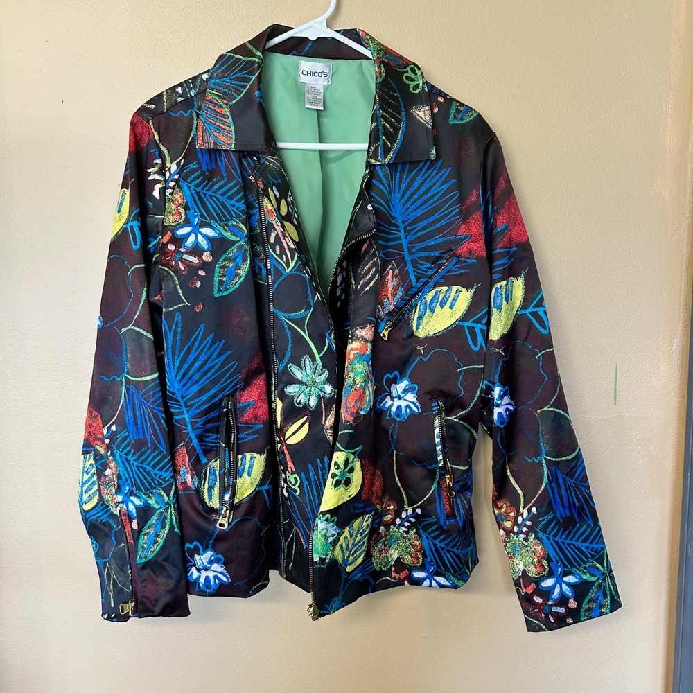 Chico's Floral Print Moto Jacket Full Zip Lightweight‎ Women's Size 2